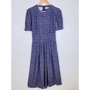 Vintage 90s Karin Stevens Petites Smocked Floral Midi Dress‎ Women's 8 Purple